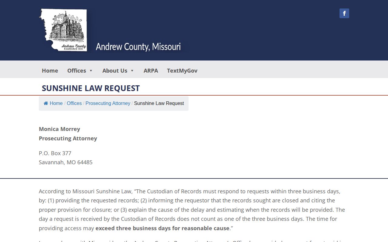 Andrew County Sunshine request source for older 72-hour release records