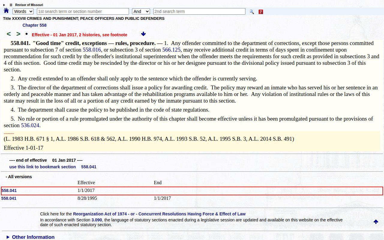 Missouri additional sentence credit for an Andrew County release calculation