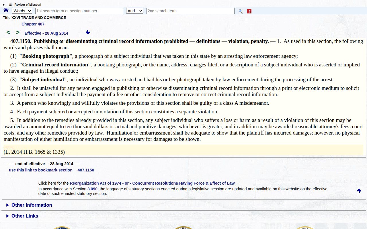 Missouri booking photo removal law for Andrew County mugshot records